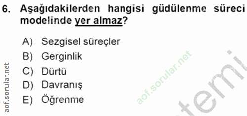 6. soru: Aşağıdakilerden hangisi güdülenme süreci modelinde yer almaz? A) Sezgisel süreçler B) Gerginlik C) Dürtü D) Davranış…