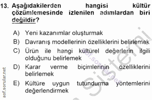13. soru: Aşağıdakilerden hangisi kültür çözümlemesinde izlenilen adımlardan biri değildir? A) Yeni kazanımlar oluşturmak B) Da…