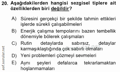 20. soru: Aşağıdakilerden hangisi sezgisel tiplere ait özelliklerden biri değildir? A) Süresini gerçekçi bir şekilde tahmin ett…