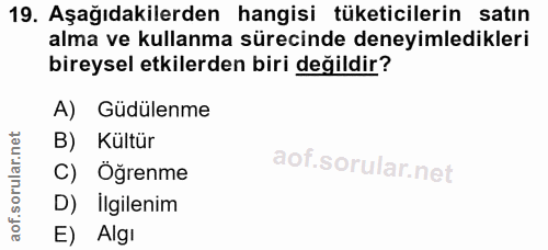 19. soru: Aşağıdakilerden hangisi tüketicilerin satın alma ve kullanma sürecinde deneyimledikleri bireysel etkilerden biri deği…