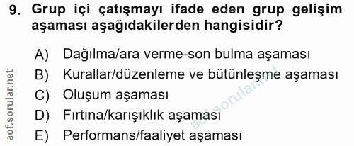 9. soru: Grup içi çatışmayı ifade eden grup gelişim aşaması aşağıdakilerden hangisidir? A) Dağılma/ara verme-son bulma aşaması…