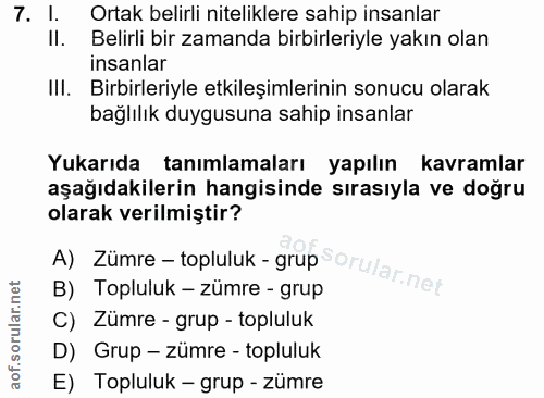 7. soru: I. Ortak belirli niteliklere sahip insanlar Il. Belirli bir zamanda birbirleriyle yakın olan insanlar IlI. Birbirleri…