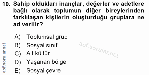 10. soru: Sahip oldukları inançlar, değerler ve adetlere bağlı olarak toplumun diğer bireylerinden farklılaşan kişilerin oluştu…