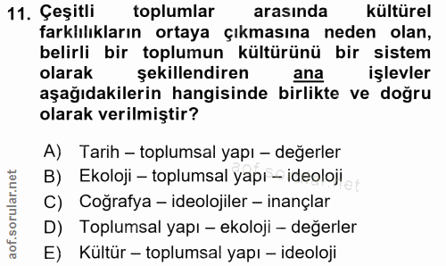 11. soru: Çeşitli toplumlar arasında kültürel farklılıkların ortaya çıkmasına neden olan, belirli bir toplumun kültürünü bir si…