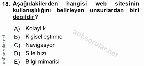 18. soru: Aşağıdakilerden hangisi web sitesinin kullanışlılığını belirleyen unsurlardan biri değildir? A) Kolaylık B) Kişiselle…