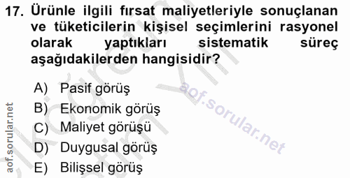 17. soru: Urünle ilgili fırsat maliyetleriyle sonuçlanan ve tüketicilerin kişisel seçimlerini rasyonel olarak yaptıkları sistem…