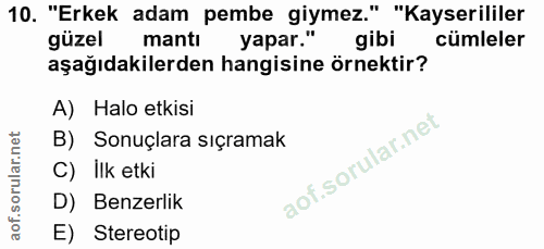 10. soru: "Erkek adam pembe giymez" "Kayseriller cümleler aşağıdakilerden hangisine örnektir? A) Halo etkisi B) Sonuçlara sıçra…
