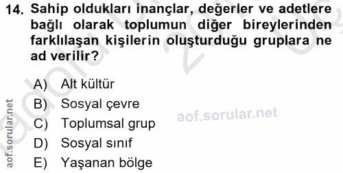 14. soru: Sahip oldukları inançlar, değerler ve adetlere bağlı olarak toplumun diğer bireylerinden farklılaşan kişilerin oluştu…