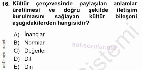 16. soru: Kültür çerçevesinde paylaşılan anlamlar üretilmesi ve dogru şekilde iletişim kurulmasını sağlayan kültür bileşeni aşa…