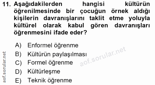 11. soru: Aşağıdakilerden hangisi kültürün öğrenilmesinde bir çocuğun örnek aldığı kişilerin davranışlarını taklit etme yoluyla…