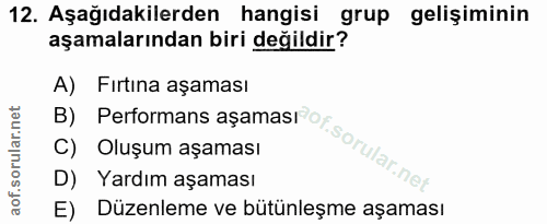 12. soru: Aşağıdakilerden hangisi grup gelişiminin aşamalarından biri değildir? A) Firtına aşaması B) Performans aşaması or, so…