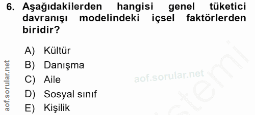6. soru: Aşağıdakilerden hangisi genel tüketici davranışı modelindeki içsel faktörlerden biridir? A) Kültür B) Danışma C) Aile…