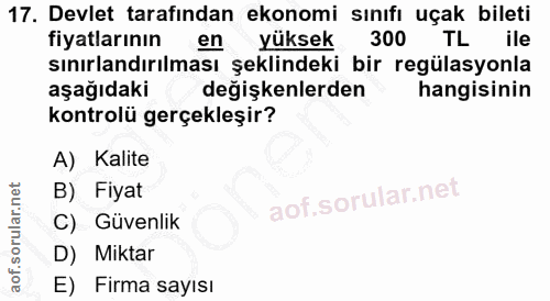 17. soru: Devlet tarafından ekonomi sınıfı uçak bileti fiyatlarının en yüksek 300 TL ile sınırlandırılması şeklindeki bir regül…