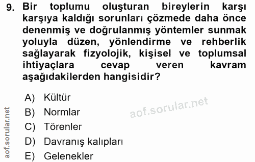 9. soru: Bir toplumu oluşturan bireylerin karşı karşıya kaldığı sorunları çözmede daha önce denenmiş ve doğrulanmış yöntemler…