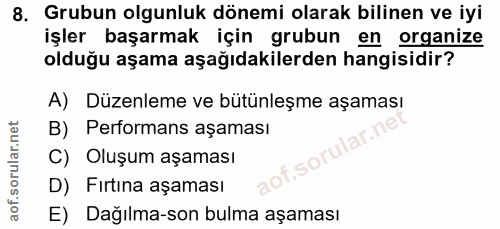 8. soru: Grubun olgunluk dönemi olarak bilinen ve iyi işler başarmak için grubun en organize olduğu aşama aşağıdakilerden hang…
