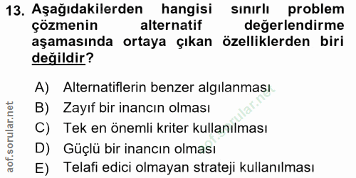 13. soru: Aşağıdakilerden hangisi sınırlı problem çözmenin alternatif değerlendirme aşamasında ortaya çıkan özelliklerden biri…