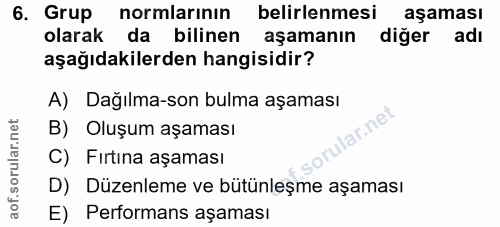 6. soru: Grup normlarının • belirlenmesi aşaması olarak da bilinen aşamanın diğer adı aşağıdakilerden hangisidir? A) Dağılma-s…