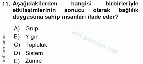 11. soru: Aşağıdakilerden hangisi birbirleriyle etkileşimlerinin sonucu olarak bağlılık duygusuna sahip insanları ifade eder? A…