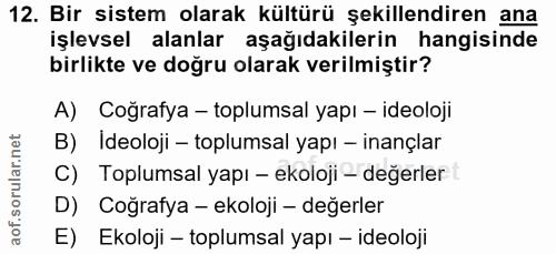 12. soru: Bir sistem olarak kültürü şekillendiren ana işlevsel alanlar aşağıdakilerin hangisinde birlikte ve doğru olarak veril…