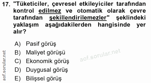 17. soru: "Tüketiciler, çevresel etkileyiciler tarafından kontrol edilmez ve otomatik olarak çevre tarafından şekillendirilemez…
