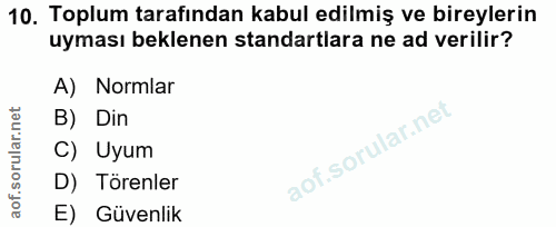 10. soru: Toplum tarafından kabul edilmiş ve bireylerin uyması beklenen standartlara ne ad verilir? A) Normlar B) Din C) Uyum D…