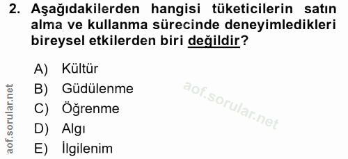 2. soru: Aşağıdakilerden hangisi tüketicilerin satın alma ve kullanma sürecinde deneyimledikleri bireysel etkilerden biri deği…