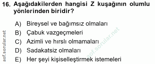 16. soru: Aşağıdakilerden hangisi Z kuşağının olumlu yönlerinden biridir? A) Bireysel ve bağımsız olmaları B) Çabuk vazgeçmeler…