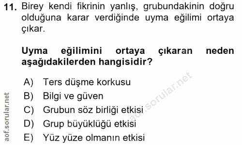11. soru: Birey kendi fikrinin yanlış, grubundakinin doğru olduğuna karar verdiğinde uyma eğilimi ortaya çıkar. Uyma eğilimini…