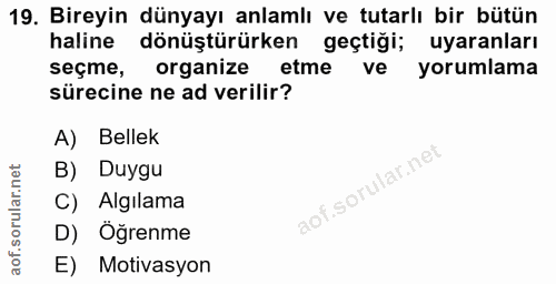 19. soru: Bireyin dünyayı anlamlı ve tutarlı bir bütün haline dönüştürürken geçtiği; uyaranları seçme, organize etme ve yorumla…