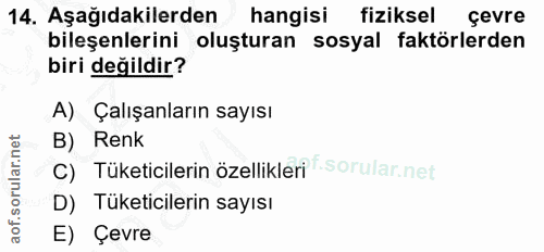 14. soru: Aşağıdakilerden/ hangisi fiziksel çevre bileşenlerini oluşturan sosyal faktörlerden biri değildir? A) Çalışanların sa…