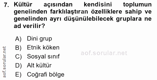 7. soru: Kültür açısından kendisini toplumun genelinden farklılaştıran özelliklere sahip ve genelinden ayrı düşünülebilecek gr…