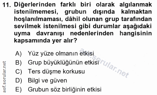 11. soru: Diğerlerinden farklı biri olarak algılanmak istenilmemesi, grubun dışında kalmaktan hoşlanılmaması, dâhil olunan grup…