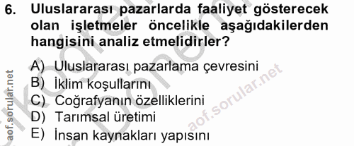 6. soru: Uluslararası pazarlarda faaliyet gösterecek olan işletmeler öncelikle aşağıdakilerden hangisini analiz etmelidirler?…