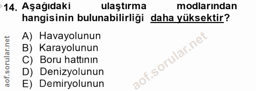14. soru: Aşağıdaki ulaştırma modlarından hangisinin bulunabilirliği daha yüksektir? A) Havayolunun B) Karayolunun lof.sorular.…