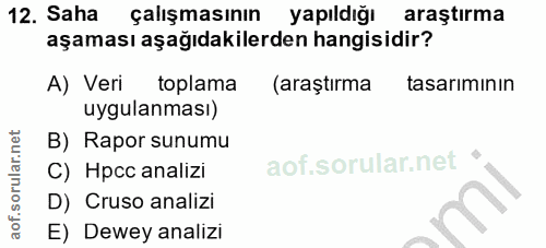 12. soru: Saha çalışmasının yapıldığı araştırma aşaması aşağıdakilerden hangisidir? A) Veri toplama (araştırma tasarımının uygu…