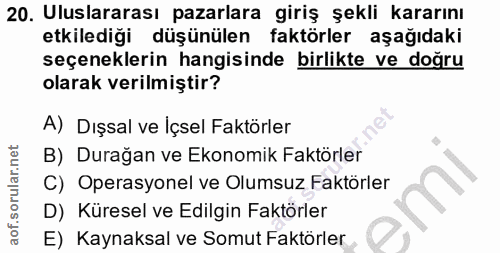 20. soru: Uluslararası pazarlara giriş şekli kararını etkilediği düşünülen faktörler aşağıdaki seçeneklerin hangisinde birlikte…