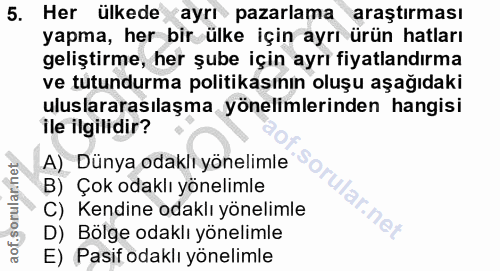 5. soru: Her ülkede ayrı pazarlama araştırması yapma, her bir ülke için ayrı ürün hatları geliştirme, her şube için ayrı fiyat…