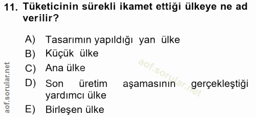 11. soru: Tüketicinin sürekli ikamet ettiği ülkeye ne ad verilir? A) Tasarımın yapıldığı yan ülke B) Küçük ülke C) Ana ülke D)…