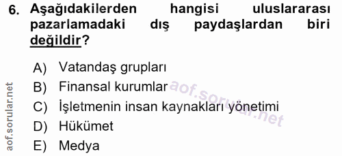 6. soru: Aşağıdakilerden hangisi uluslararası pazarlamadaki dış paydaşlardan biri değildir? A) Vatandaş grupları B) Finansal k…