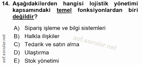 14. soru: Aşağıdakilerden hangisi lojistik yönetimi kapsamındaki temel fonksiyonlardan biri değildir? A) Sipariş işleme ve bilg…