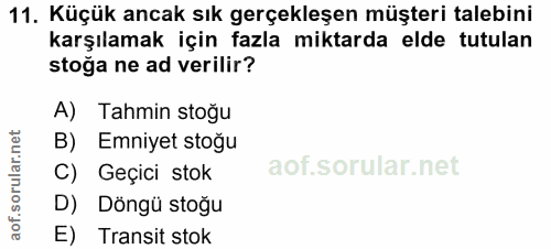11. soru: Küçük ancak sık gerçekleşen müşteri talebini karşılamak için fazla miktarda elde tutulan stoğa ne ad verilir? A) Tahm…