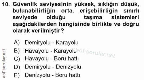 10. soru: Güvenlik seviyesinin yüksek, sıklığın düşük, bulunabilirliğin orta, erişebilirliğin sınırlı seviyede olduğu taşıma si…