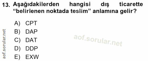 13. soru: Aşağıdakilerden hangisi dış ticarette "belirlenen noktada teslim" anlamına gelir? A) CPT B) DAP C) DAT D) DDP E) EXW