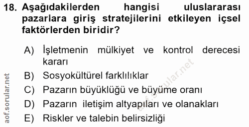 18. soru: Aşağıdakilerden hangisi uluslararası pazarlara giriş stratejilerini etkileyen içsel faktörlerden biridir? A) Işletmen…