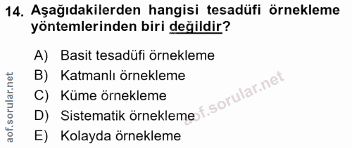 14. soru: Aşağıdakilerden hangisi tesadüfi örnekleme yöntemlerinden biri değildir? A) Basit tesadüfi örnekleme B) Katmanlı örne…