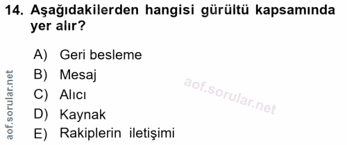 14. soru: Aşağıdakilerden hangisi gürültü kapsamında yer alır? A) Geri besleme orular.net B) Mesaj C) Alıcı D) Kaynak aof. E) R…