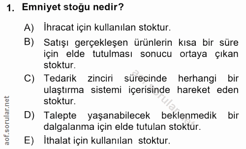 1. soru: Emniyet stoğu nedir? A) İhracat için kullanılan stoktur. B) Satışı gerçekleşen ürünlerin kısa bir süre için elde tutu…