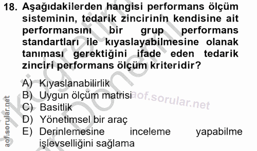 18. soru: Aşağıdakilerden hangisi performans ölçüm sisteminin, tedarik zincirinin kendisine ait performansını bir grup performa…