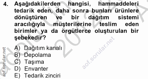 4. soru: Aşağıdakilerden hangisi, hammaddeleri tedarik eden, daha sonra bunları ürünlere dönüştüren ve bir dağıtım sistemi ara…