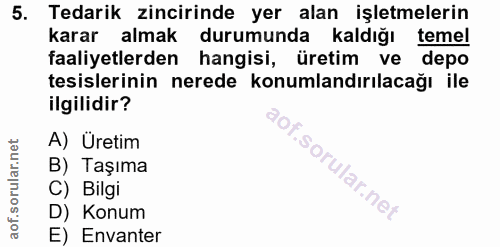 5. soru: Tedarik zincirinde yer alan işletmelerin karar almak durumunda kaldığı temel faaliyetlerden hangisi, üretim ve depo t…